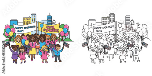 Diverse Group of Women and Girls Celebrating Women's Day with "Girl Power" Banners and Flags in a Cityscape