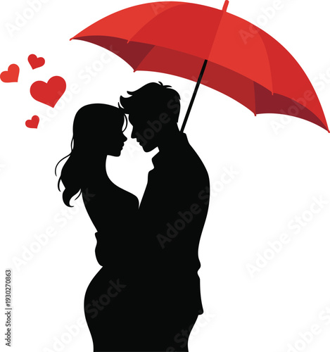 A couple sharing a romantic kiss under a red umbrella