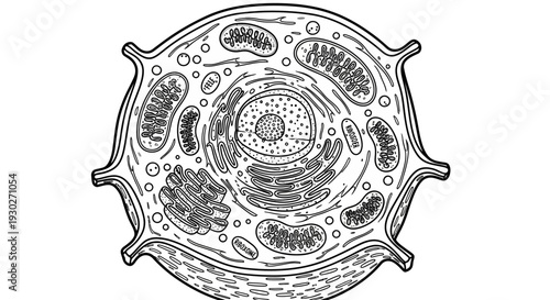 Detailed illustration of a plant cell, showing nucleus, mitochondria, and other organelles