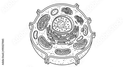 Detailed illustration of a plant cell, showing nucleus, mitochondria, and other organelles