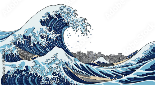 Iconic Japanese Great Wave Off Kanagawa illustration featuring Mount Fuji and city skyline in the background, a timeless depiction of nature's power and beauty