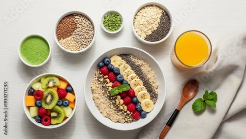Healthy Breakfast Spread - Oatmeal, Fruits, Juice, and Seeds for a Nutritious Start.