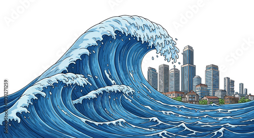 Massive Ocean Wave Threatens Coastal City Skyline with Destructive Force