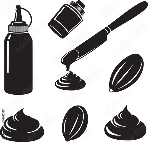Black Silhouette Icons of Sauce Bottles, Spatulas, and Chocolate Drops on White Background