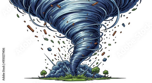 An illustration depicting a powerful tornado swirling violently, with debris and trees being pulled into its vortex, creating a chaotic and destructive scene on land