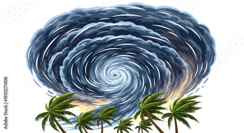 Illustrative depiction of a powerful hurricane with swirling dark clouds and palm trees swaying in the wind, symbolizing extreme weather events and natural forces