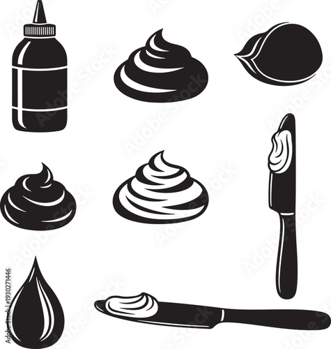 Food Condiment Icons: Ketchup Bottle, Swirls of Cream, Butter Knife, and Droplet