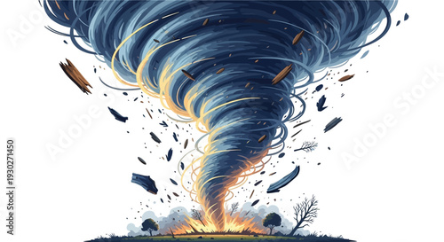 Powerful illustration of a destructive tornado, a force of nature with swirling winds and flying debris, symbolizing chaos and the raw energy of a storm