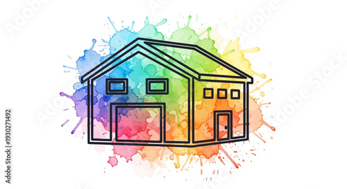 Colorful Abstract House Drawing with Rainbow Watercolor Splashes - Modern Home Concept