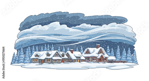 Charming Winter Village Under a Majestic Snowstorm Illustration – A Cozy and Enchanting Seasonal Landscape with Snow-Covered Houses and Pine Trees
