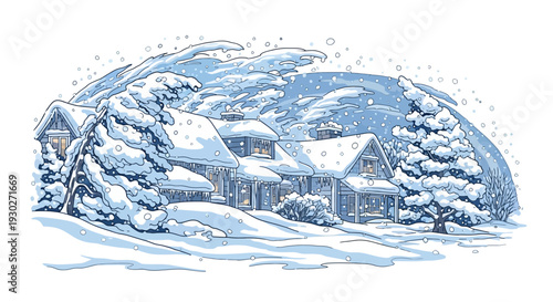Cozy winter scene of snow-covered houses nestled amidst pine trees, with gentle snowflakes falling