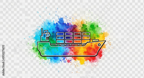 Colorful Cargo Ship Illustration with Watercolor Splash Effect