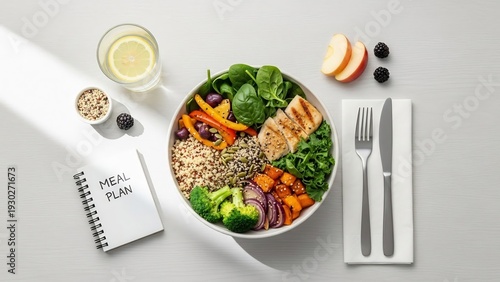 Healthy Meal Plan - A Colorful and Nutritious Bowl with Fresh Ingredients and a Refreshing Drink.