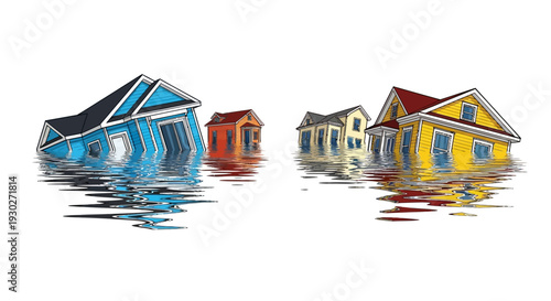 Houses submerged in water, illustrating flooding and natural disaster impact on residential areas