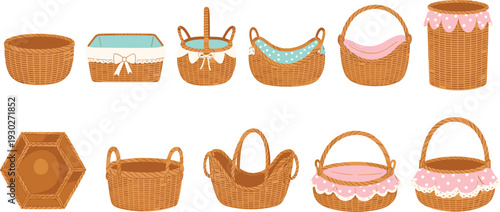 Wicker Basket Collection with Picnic Storage Laundry and Decorative Handwoven Containers Illustration