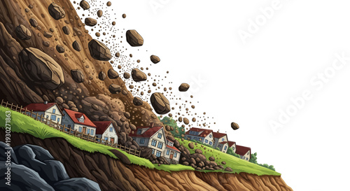 Massive landslide illustration with rocks and earth tumbling down a steep hill towards houses below, highlighting nature's destructive force