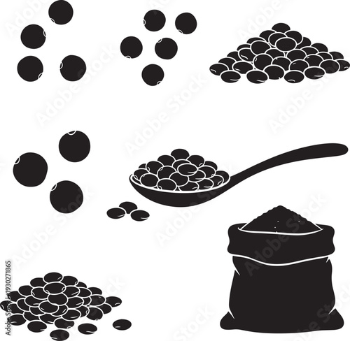 Black Pellets Illustration with Spoon and Bag