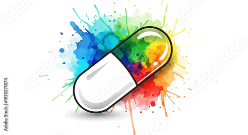 Colorful Medicine Capsule with Abstract Paint Splashes - Health and Creativity Concept
