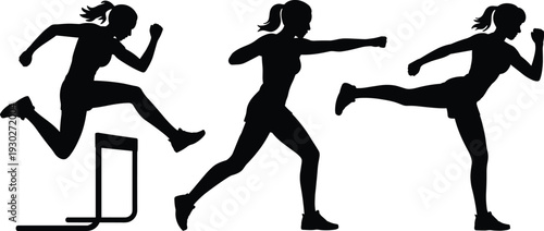Athletic woman performing hurdle jump, punch and high kick exercises, black silhouette fitness training isolated on white backgroundAthletic woman performing hurdle jump, punch and high kick  