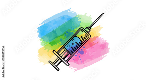 Colorful Syringe with Blue Liquid and Watercolor Splash Background