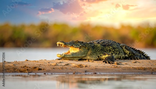 Majestic Crocodile Basking in the Golden Sunset Light.