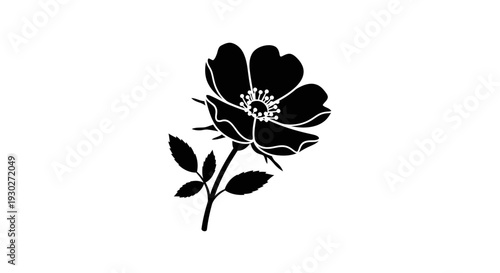 Black silhouette of a wild rose flower with leaves and thorns on a white background