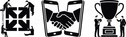 Business collaboration, online partnership handshake and success trophy concepts set isolated on white background vector illustration