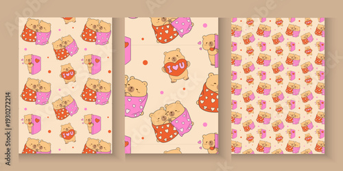 cute Seamless Pattern Capybara Cupid background set. Cute cartoon Kawaii bear Valentine or birthday card, poster, banner hand drawn doodle collection in pastel brown color