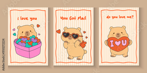 cute Seamless Pattern Capybara Cupid background set. Cute cartoon Kawaii bear Valentine or birthday card, poster, banner hand drawn doodle collection in pastel brown color