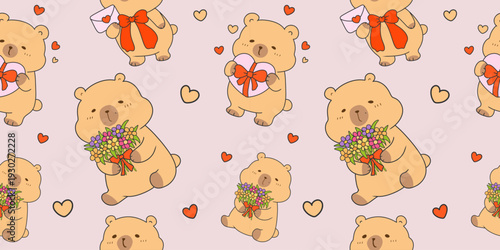 cute Seamless Pattern Capybara Cupid background set. Cute cartoon Kawaii bear Valentine or birthday card, poster, banner hand drawn doodle collection in pastel brown color