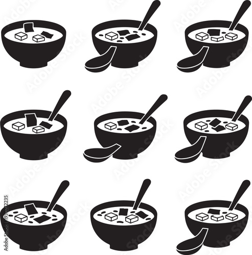 Black and White Vector Bowls of Porridge with Spoons