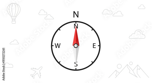 Compass Navigating North with Travel Icons and Clouds on White Background