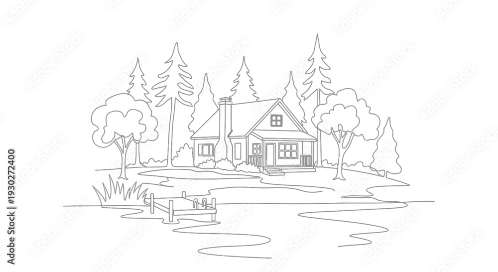 Fototapeta premium Cozy Cabin by Lake with Dock and Pine Trees - Line Art Illustration