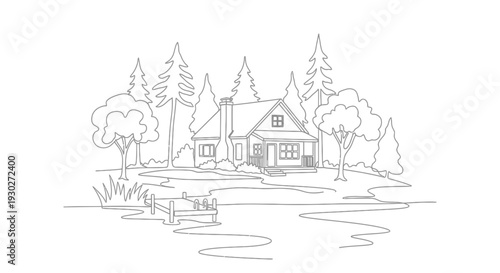 Cozy Cabin by Lake with Dock and Pine Trees - Line Art Illustration