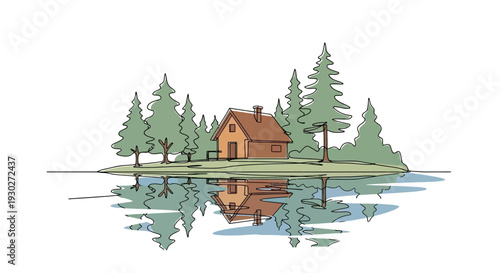 Cozy cabin reflected in tranquil lake surrounded by pine trees, serene nature landscape.