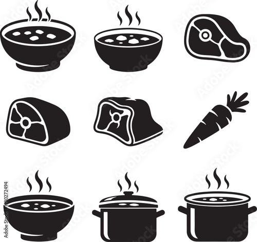 Black and White Food Icons with Meat and Vegetables