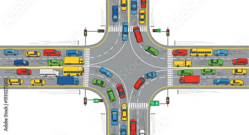 Busy Roundabout with Multicolored Vehicles.