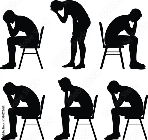 Depressed man sitting and standing in stress poses, mental health concept silhouette collection isolated on white background