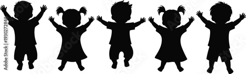 Happy children silhouettes with raised hands, cute boys and girls cartoon style isolated on white background illustration