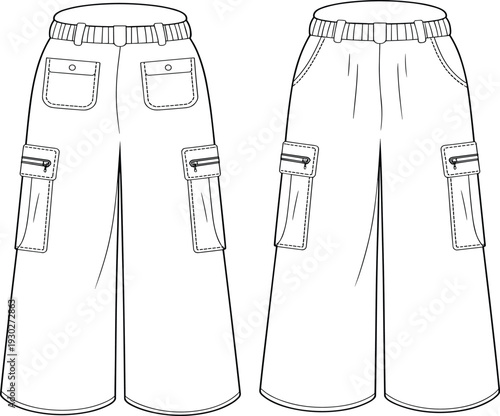 Flat vector CAD illustration of women’s wide-leg cargo pants with flap pockets, side zippers, belt loops, and seam detailing
