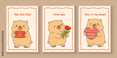 cute Seamless Pattern Capybara Cupid background set. Cute cartoon Kawaii bear Valentine or birthday card, poster, banner hand drawn doodle collection in pastel brown color