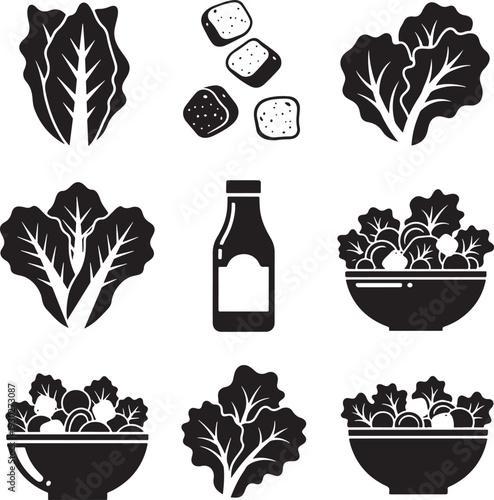Black Silhouette Salad Icons with Lettuce and Dressing