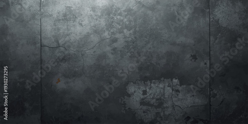 A dark aged metal and rough concrete wall texture with a vintage gray stone pattern and light smoke fog on a dirty blank surface