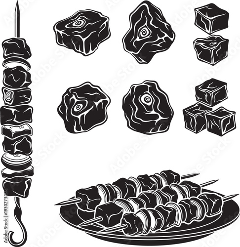 Black and White Illustration of Meat Skewers and Steak Pieces