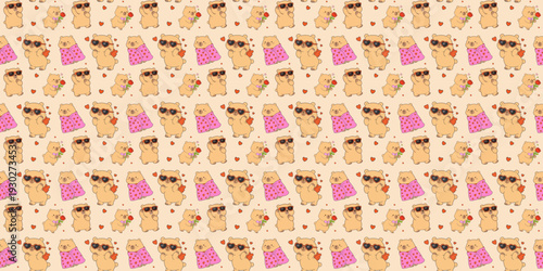 cute Seamless Pattern Capybara Cupid background set. Cute cartoon Kawaii bear Valentine or birthday card, poster, banner hand drawn doodle collection in pastel brown color