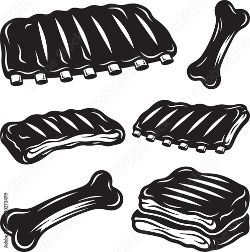 Raw Pork Ribs and Bones Vector Set, BBQ Food Illustration, Meat Cut Set