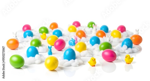 Colorful easter eggs and bunny figurines on white background