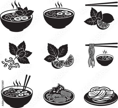 Minimalist Black and White Asian Noodle Soup Ingredients Vector Illustration Set