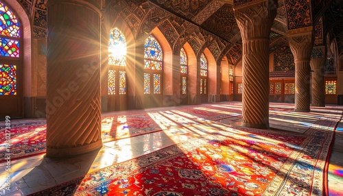 Sunlight streaming through windows illuminating an ornate mosque interior best scene serenity. Ramadan mosque interior photo concept