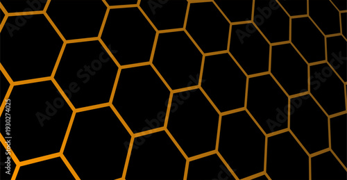 Abstract dark hexagon technology background with glowing orange lines forming a futuristic honeycomb pattern
